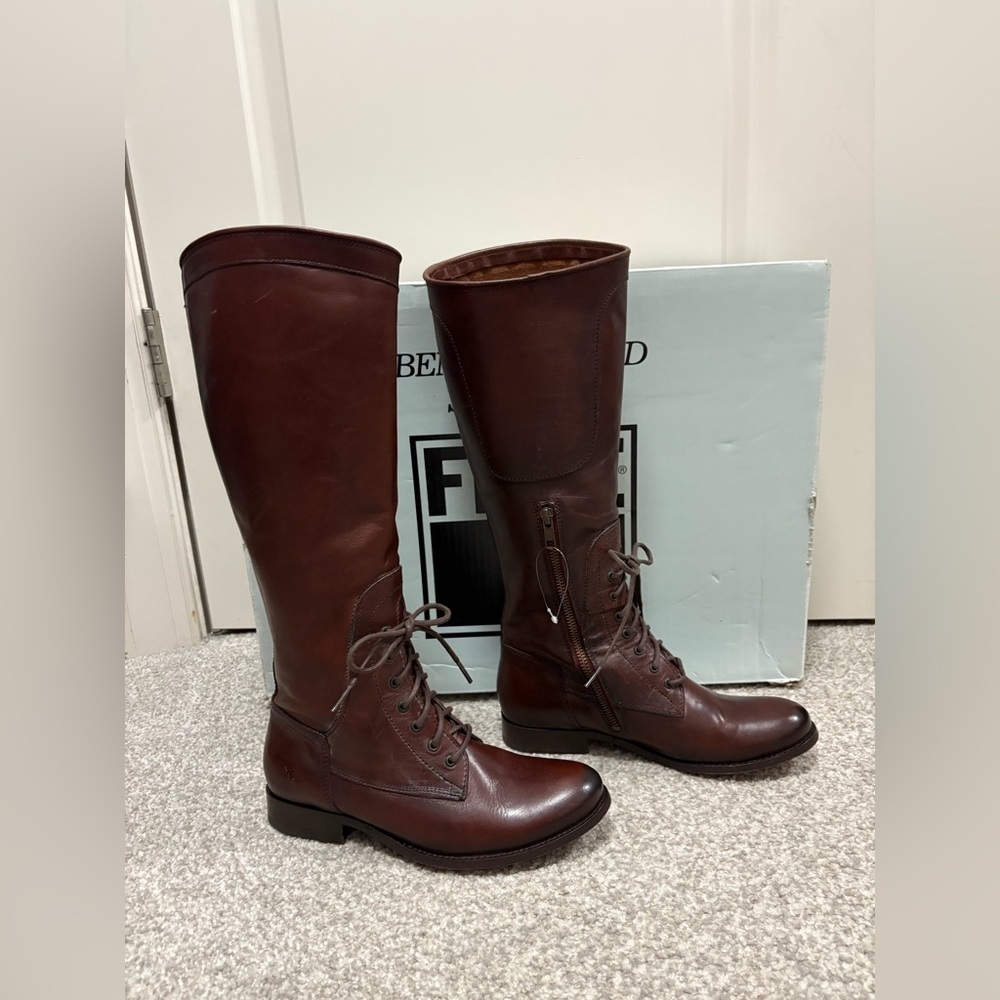 Frye Melissa Lace Up Riding Boots 6.5 Equestrian Brown Leather Vintage Redwood - Picture 5 of 11